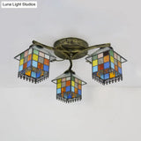 Tiffany Stained Glass Small House Ceiling Light - Blue/Clear 3-Lights Flush Mount For Bedroom