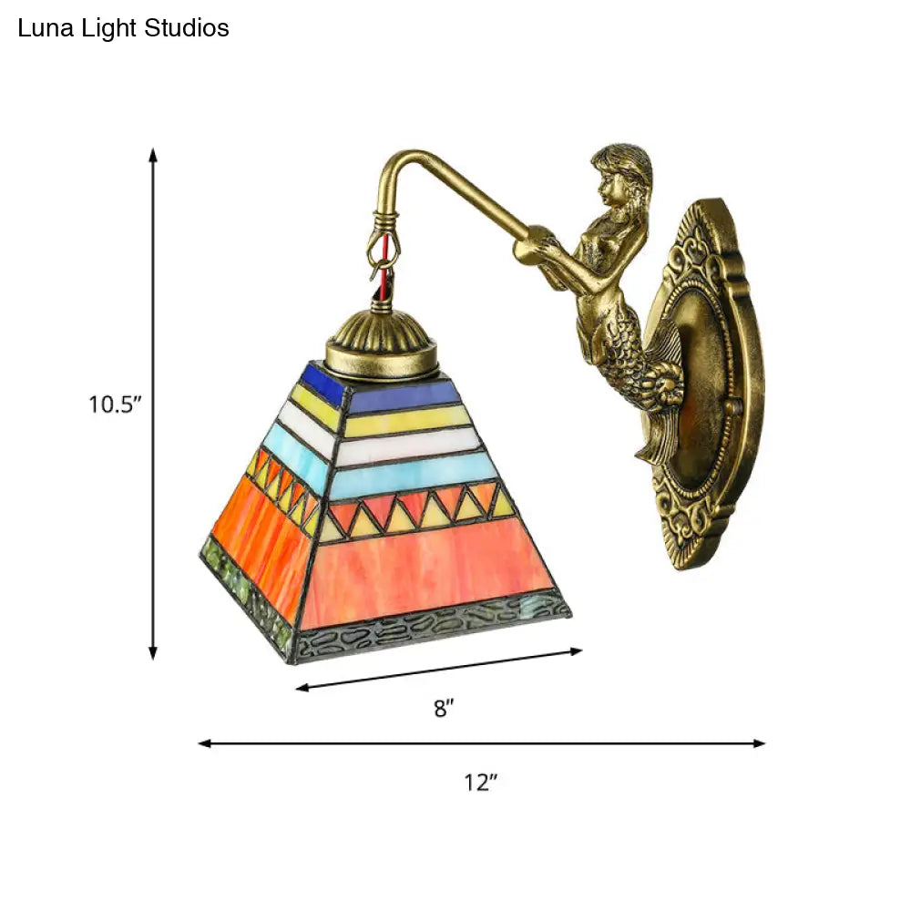 Tiffany Stained Glass Wall Sconce With Orange Pyramid Design