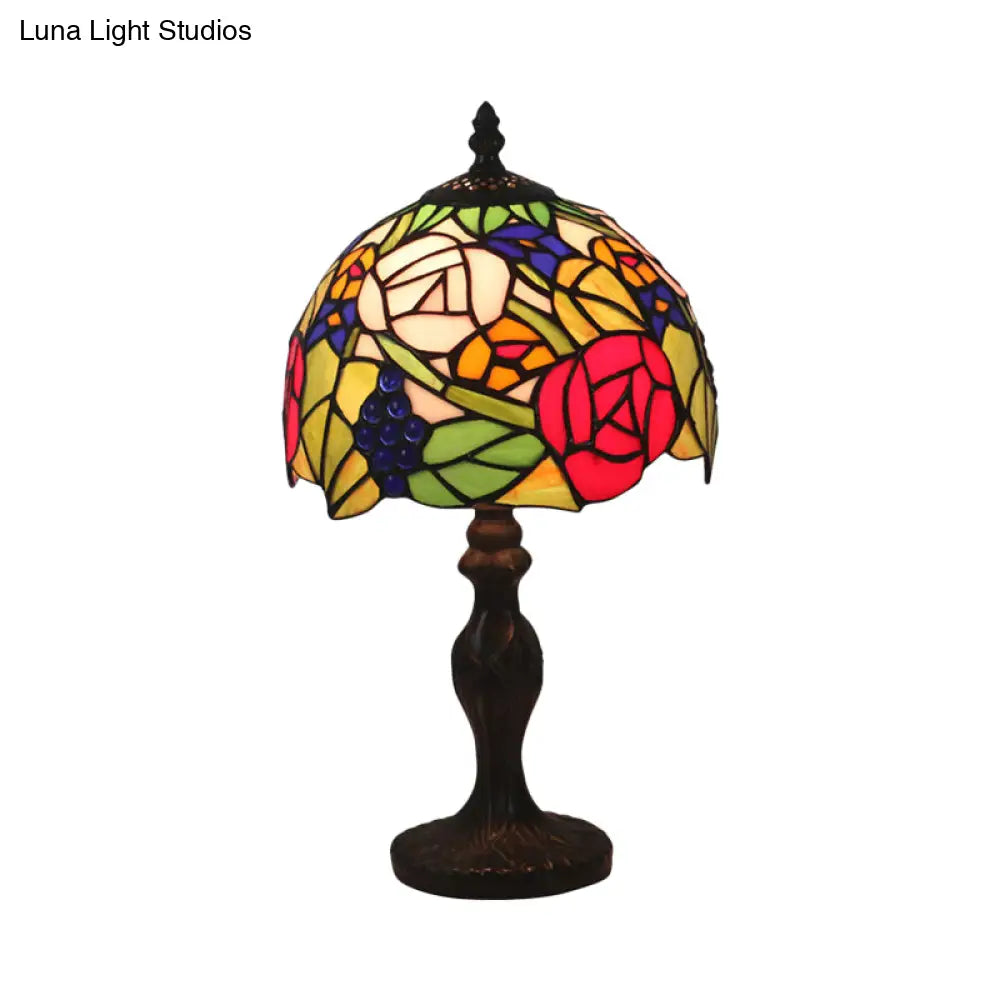 Tiffany Style 1-Light Bronze Stained Glass Night Lamp With Rose Pattern