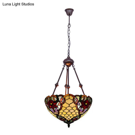 Tiffany Style 2-Light Flower Bush Chandelier Lamp With Stained Glass Pendant - Red/Yellow/Purple