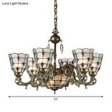 Tiffany Style Arm Chandelier With Frosted Glass Shades - 9/12 Lights Bronze Pendant Lamp For Living