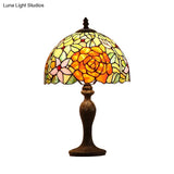 Tiffany-Style Art Glass Dome Night Lamp - Dark Brown Handcrafted With Bloom Pattern