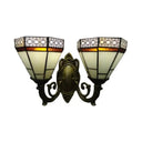 Tiffany Style Art Glass Pyramid Wall Sconce With 2 Bulbs In Beige/Blue For Study Room Beige