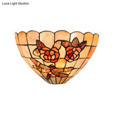 Tiffany Style Beige Wall Lamp With Handmade Shell Bowl Shade Elegant Rose And Dragonfly Pattern