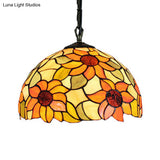 Tiffany-Style Black Hand Cut Glass Pendant Ceiling Light With Sunflower Pattern – 12’/16’