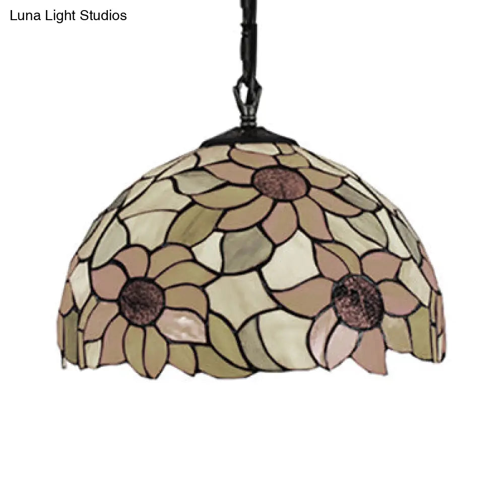 Tiffany-Style Black Hand Cut Glass Pendant Ceiling Light With Sunflower Pattern – 12’/16’