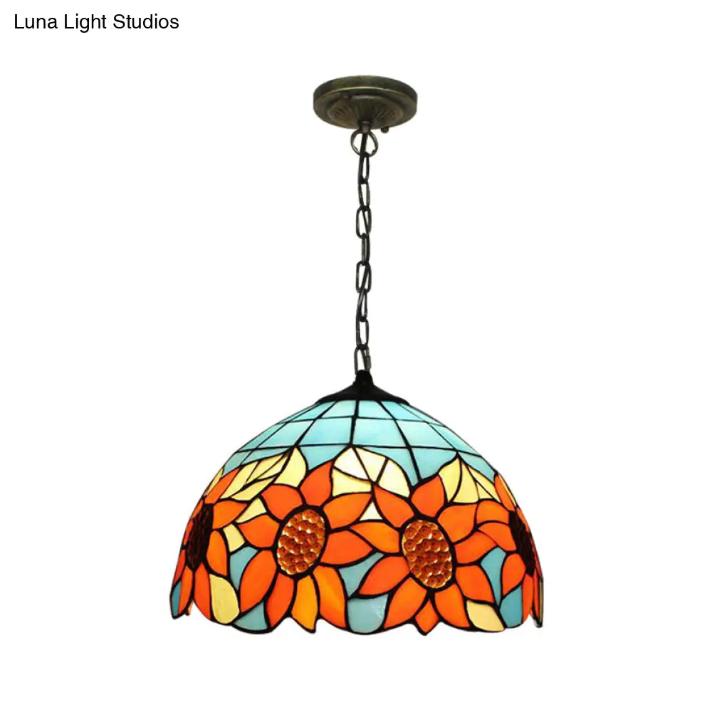 Tiffany-Style Black Hand Cut Glass Pendant Ceiling Light With Sunflower Pattern – 12’/16’