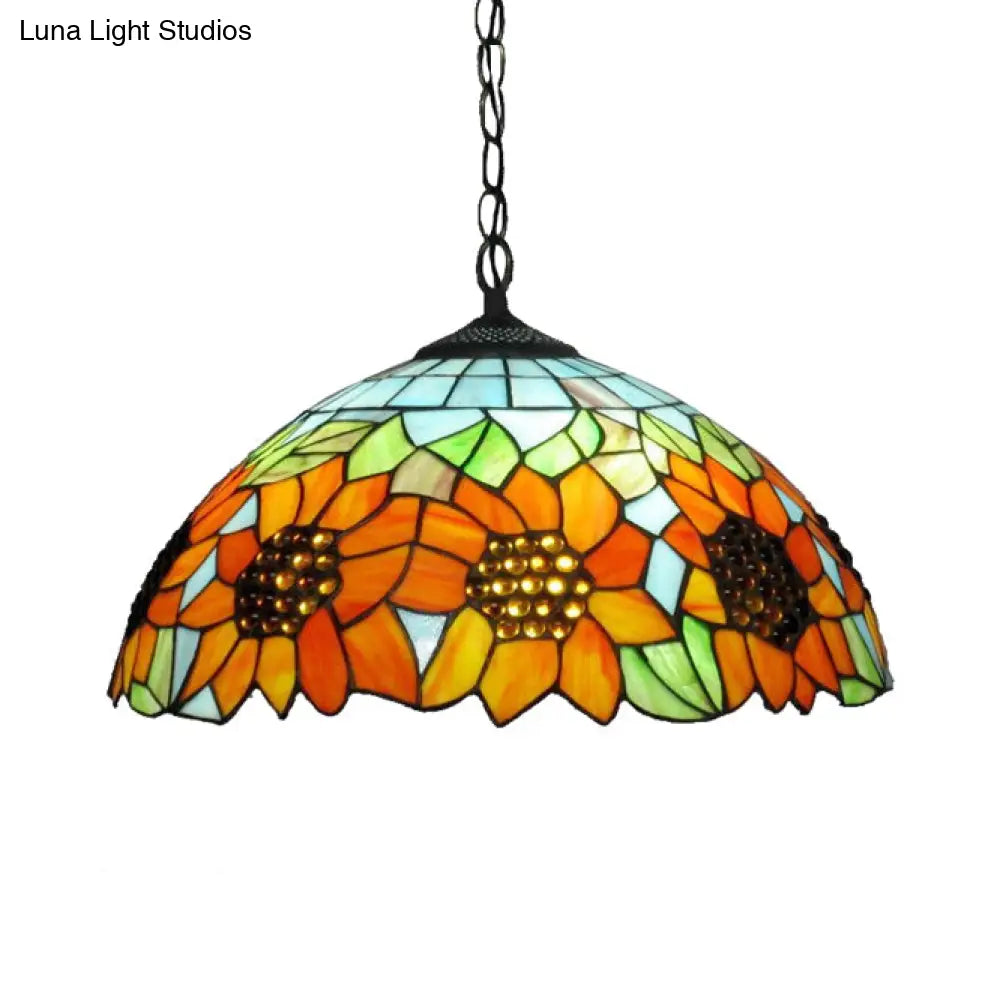 Tiffany-Style Black Hand Cut Glass Pendant Ceiling Light With Sunflower Pattern – 12’/16’