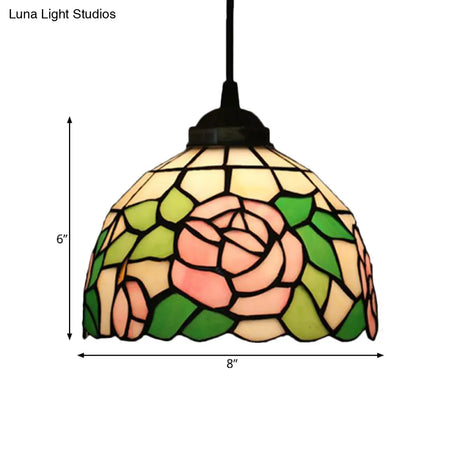 Tiffany Style Blossom Pendant Light Fixture Red/Pink/Green Cut Glass Bronze Down Lighting For