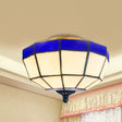 Tiffany Style Blue And White Stained Glass Flush Light For Foyer - Bowl Ceiling 1-Light Blue-White