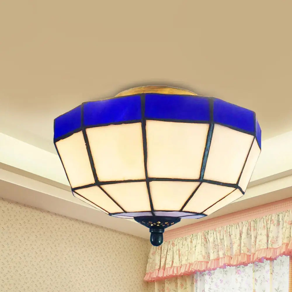 Tiffany Style Blue And White Stained Glass Flush Light For Foyer - Bowl Ceiling 1-Light Blue-White