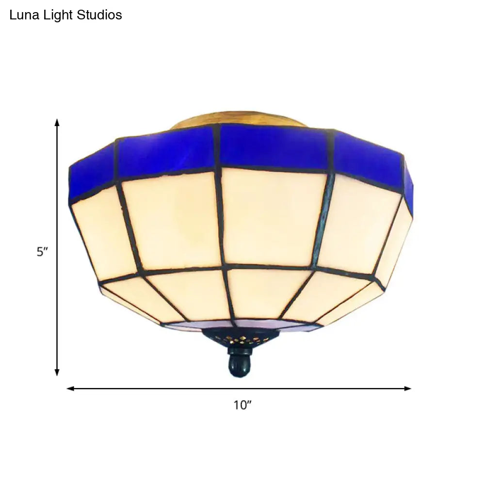 Tiffany Style Blue And White Stained Glass Flush Light For Foyer - Bowl Ceiling 1-Light