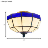 Tiffany Style Blue And White Stained Glass Flush Light For Foyer - Bowl Ceiling 1-Light