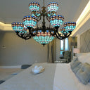 Tiffany Style Blue Chandelier With Floral And Domed Ceiling Light - Perfect For Dining Room Decor