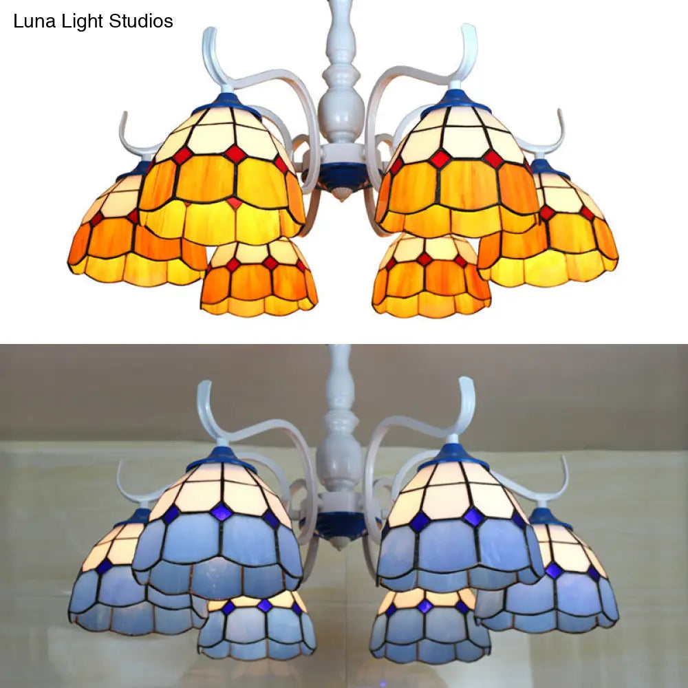 Tiffany Style Blue/Orange Glass Dome Semi Flush Light With 6 Heads In White Finish