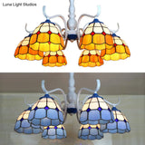 Tiffany Style Blue/Orange Glass Dome Semi Flush Light With 6 Heads In White Finish