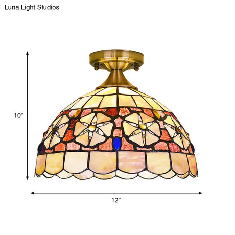 Tiffany Style Bowl Shell Ceiling Lamp - Handcrafted Brass Flush Mount