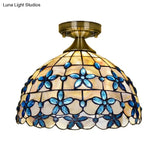 Tiffany Style Brass Dome Close To Ceiling Light - Blue Floral Jewels