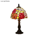 Tiffany-Style Cut Glass Bronze 1-Head Night Table Light With Yellow/Orange/Purple Rose Patterned