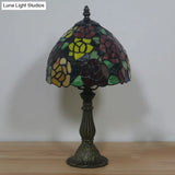 Tiffany-Style Cut Glass Bronze 1-Head Night Table Light With Yellow/Orange/Purple Rose Patterned