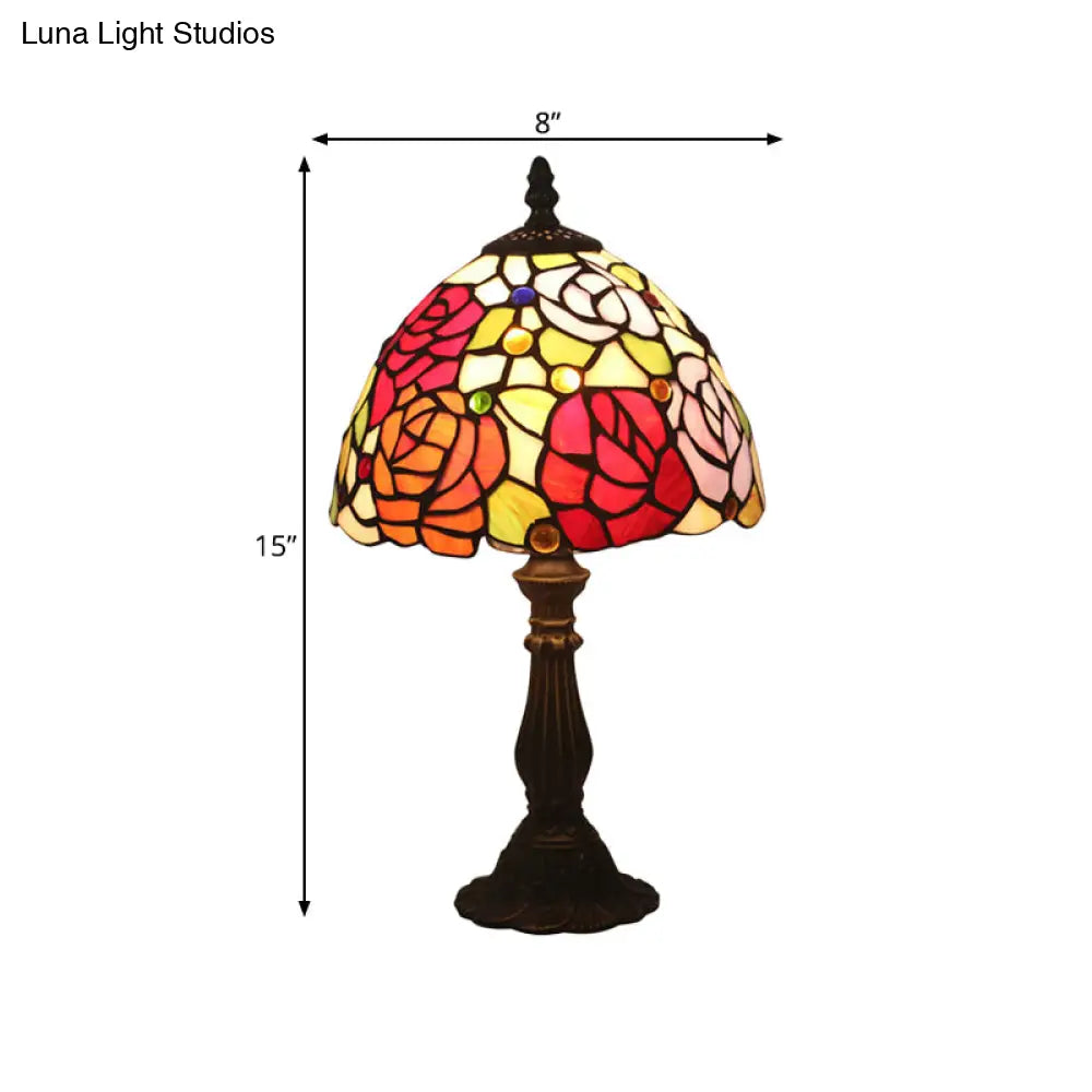 Tiffany-Style Cut Glass Bronze 1-Head Night Table Light With Yellow/Orange/Purple Rose Patterned