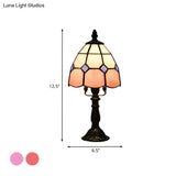 Tiffany Style Cut Glass Grid Dome Nightlight - 1 Light Red/Pink Nightstand Lamp For Bedside
