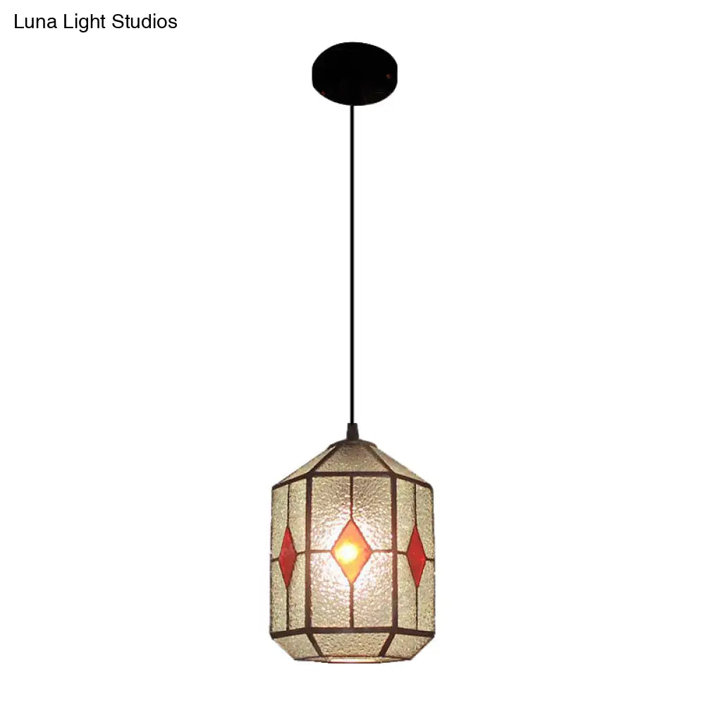 Tiffany Style Cylinder Hanging Light With Rhombus/Leaf Pattern - 1 Red/Green Down On Stainless Glass