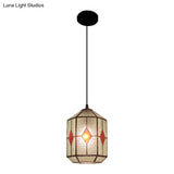 Tiffany Style Cylinder Hanging Light With Rhombus/Leaf Pattern - 1 Red/Green Down On Stainless Glass