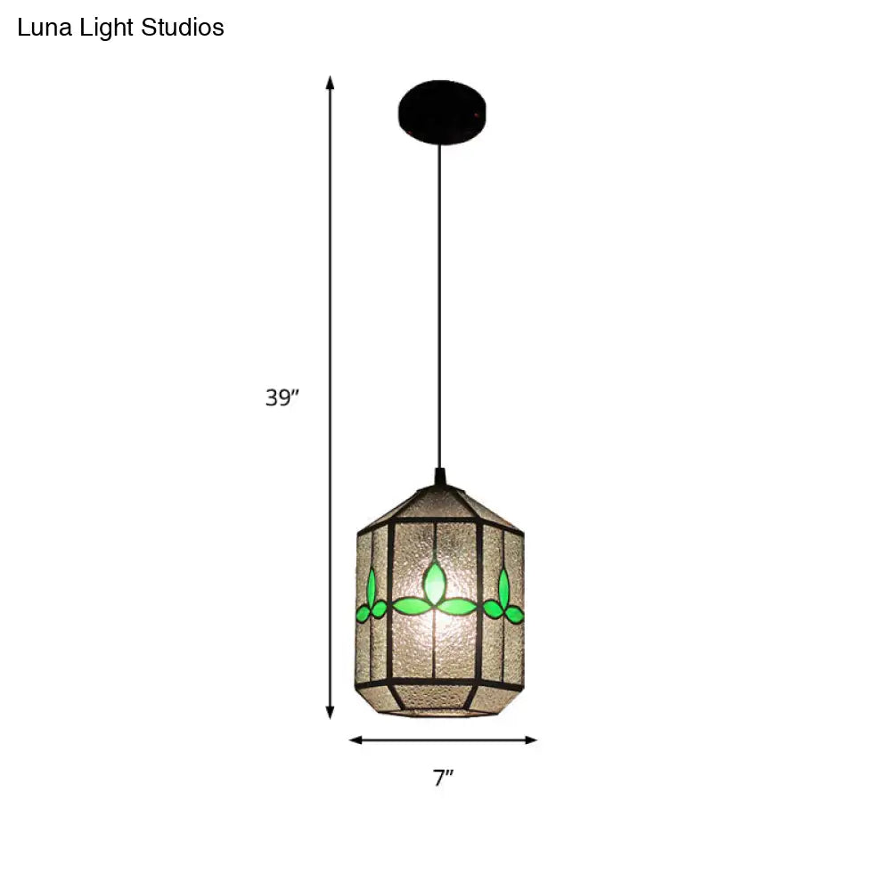 Tiffany Style Cylinder Hanging Light With Rhombus/Leaf Pattern - 1 Red/Green Down On Stainless Glass