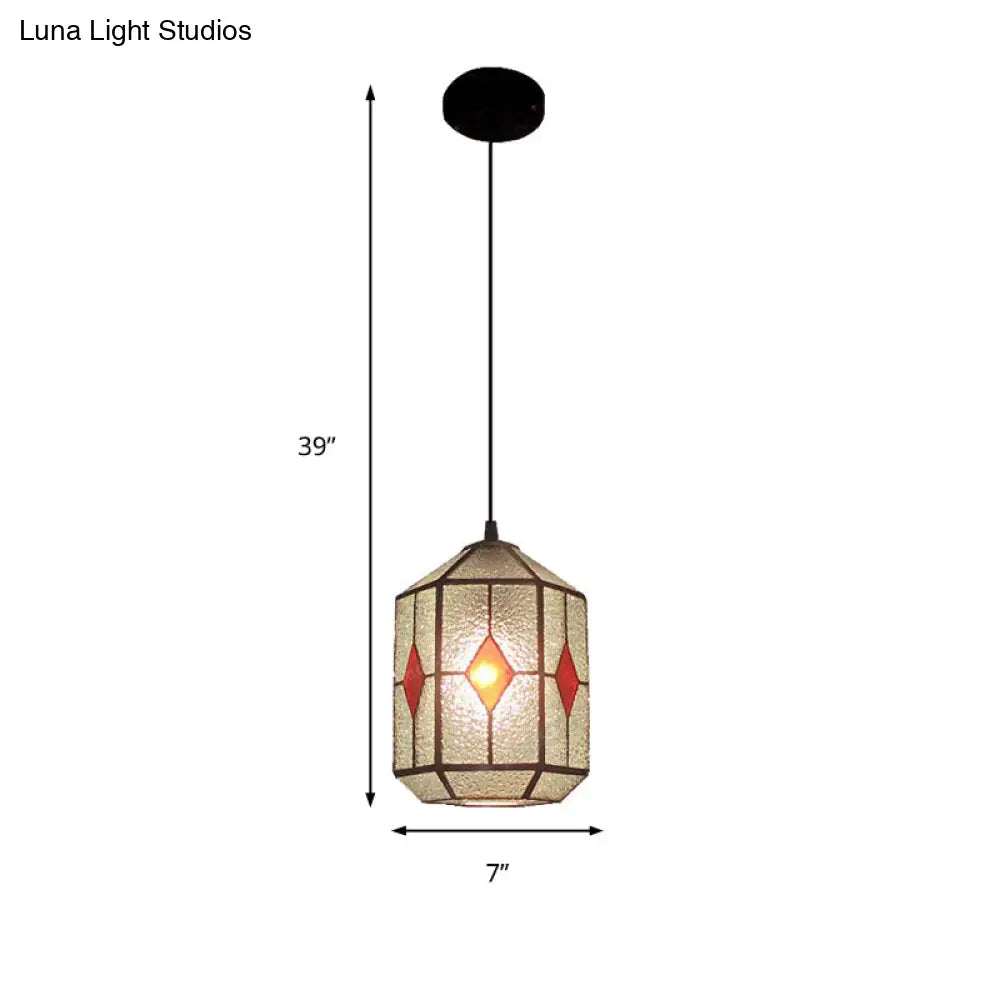 Tiffany Style Cylinder Hanging Light With Rhombus/Leaf Pattern - 1 Red/Green Down On Stainless Glass