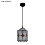 Tiffany Style Cylinder Hanging Light With Rhombus/Leaf Pattern - 1 Red/Green Down On Stainless Glass