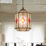 Tiffany Style Cylinder Hanging Light With Rhombus/Leaf Pattern - 1 Red/Green Down On Stainless Glass