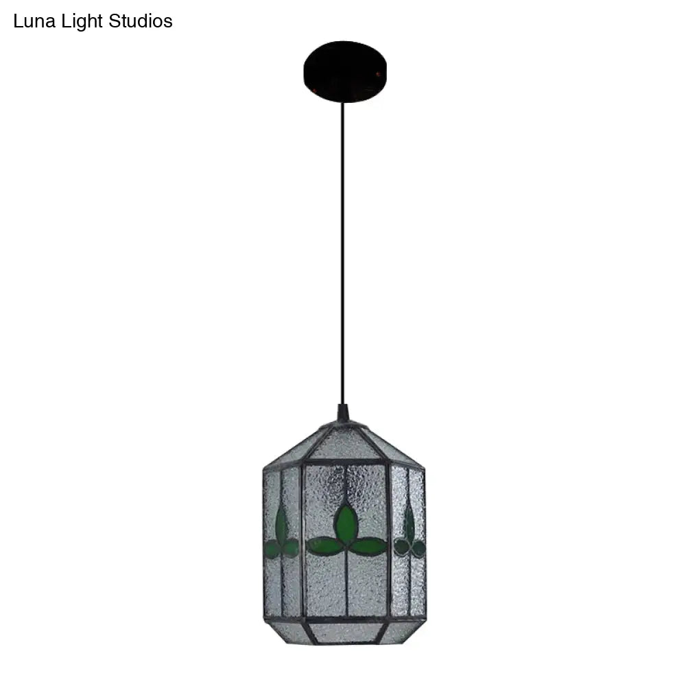 Tiffany Style Cylinder Hanging Light With Rhombus/Leaf Pattern - 1 Red/Green Down On Stainless Glass