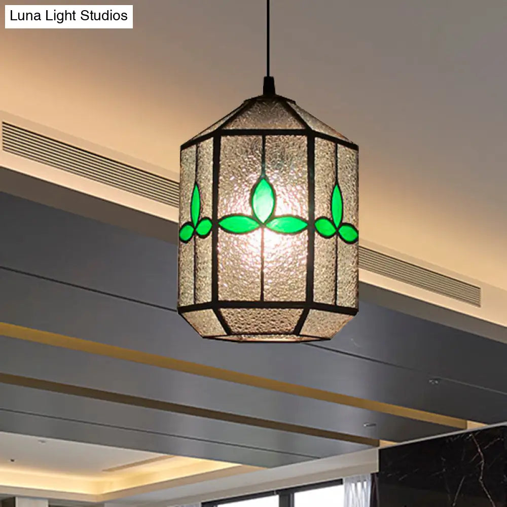 Tiffany Style Cylinder Hanging Light With Rhombus/Leaf Pattern - 1 Red/Green Down On Stainless Glass