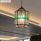 Tiffany Style Cylinder Hanging Light With Rhombus/Leaf Pattern - 1 Red/Green Down On Stainless Glass