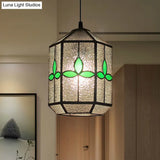 Tiffany Style Cylinder Hanging Light With Rhombus/Leaf Pattern - 1 Red/Green Down On Stainless Glass