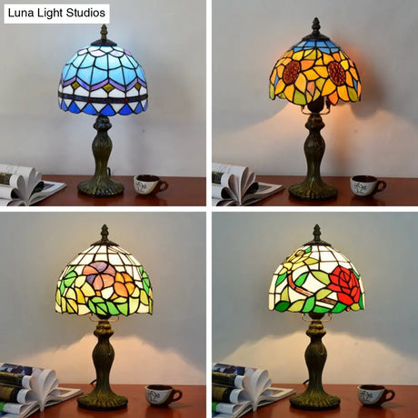 Tiffany Style Dome Table Lamp For Bedroom - Single-Bulb Stained Art Glass Nightstand Light
