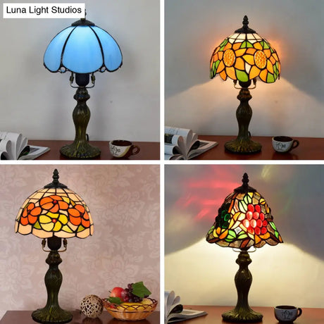 Tiffany Style Dome Table Lamp For Bedroom - Single-Bulb Stained Art Glass Nightstand Light