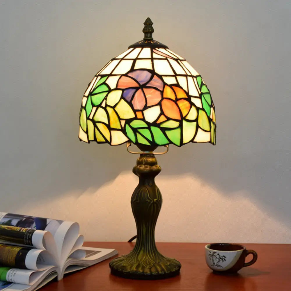 Tiffany Style Dome Table Lamp For Bedroom - Single-Bulb Stained Art Glass Nightstand Light Green