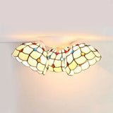 Tiffany Style Domed Ceiling Fixture Stained Glass 3 Lights In Beige - 6’/8’ Wide / 8’