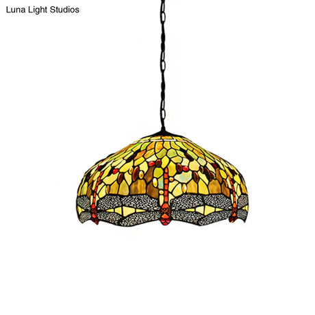 Tiffany-Style Domed Pendant Light With Dragonfly Pattern - Yellow Stained Glass 2 Bulbs