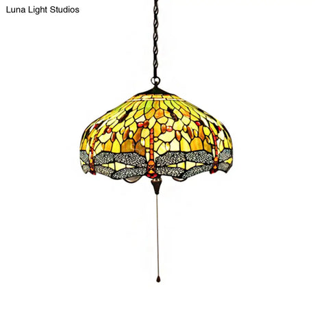Tiffany-Style Domed Pendant Light With Dragonfly Pattern - Yellow Stained Glass 2 Bulbs