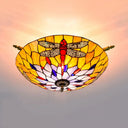 Tiffany Style Dragonfly Ceiling Fixture - Stained Glass 5 - Light Semi Flush Mount Elegant Brass