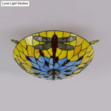 Tiffany Style Dragonfly Ceiling Fixture - Stained Glass 5 - Light Semi Flush Mount Elegant Brass