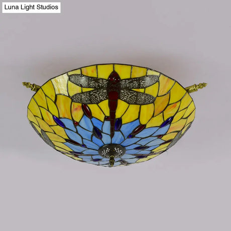 Tiffany Style Dragonfly Ceiling Fixture - Stained Glass 5 - Light Semi Flush Mount Elegant Brass