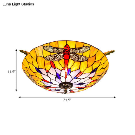 Tiffany Style Dragonfly Ceiling Fixture - Stained Glass 5 - Light Semi Flush Mount Elegant Brass