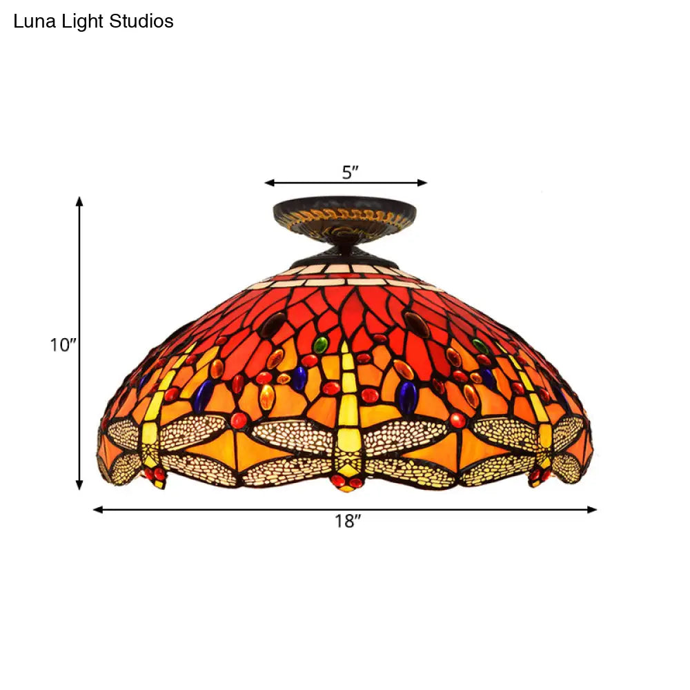 Tiffany-Style Dragonfly Cut Glass Ceiling Lamp - Brass Flush Mount Light Fixture 16’/18’ Width