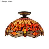 Tiffany-Style Dragonfly Cut Glass Ceiling Lamp - Brass Flush Mount Light Fixture 16’/18’ Width