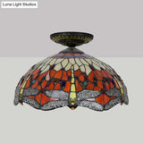Tiffany-Style Dragonfly Cut Glass Ceiling Lamp - Brass Flush Mount Light Fixture 16’/18’ Width