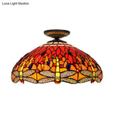 Tiffany-Style Dragonfly Cut Glass Ceiling Lamp - Brass Flush Mount Light Fixture 16’/18’ Width